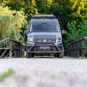 VW Crafter Creston 4x4 front view; parked on a bridge