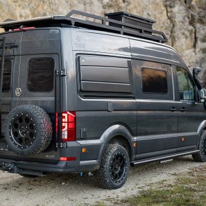 VW Crafter Creston 4x4 rear 3/4 view; Rear Ladder and Spare Wheel Holder; Off-road